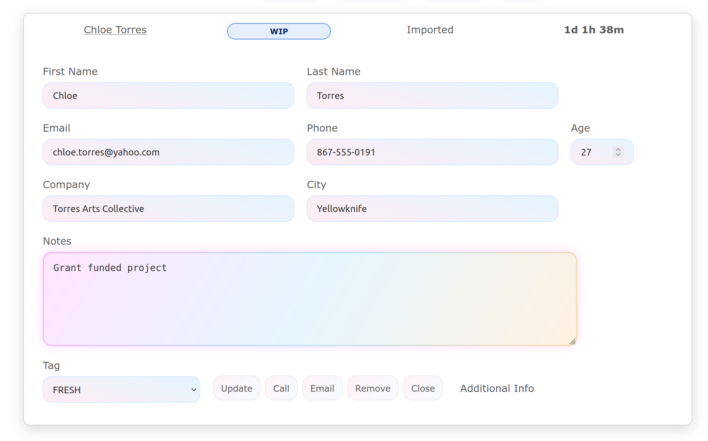 Working a single lead with call, email, notes and tags